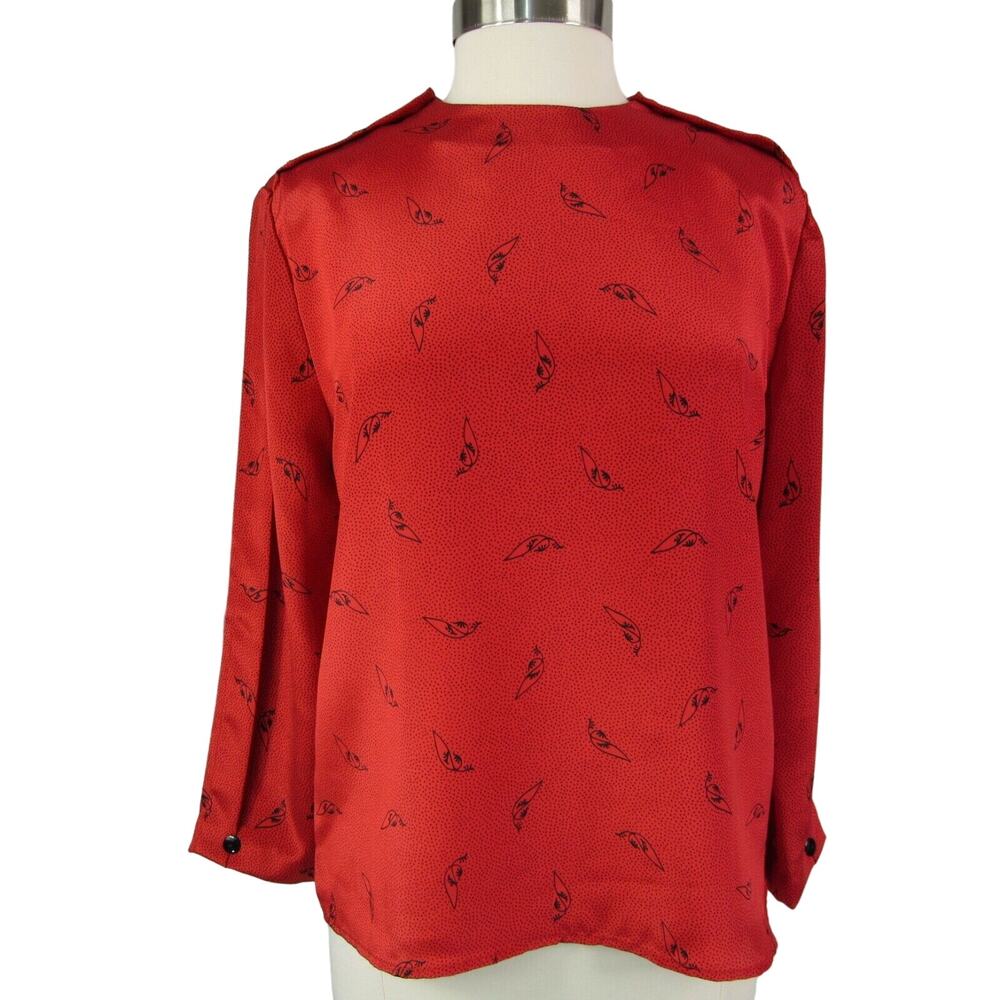 Satin Career Blouse Long Sleeves Crew Neck Red Size PXL Vintage Impromptu